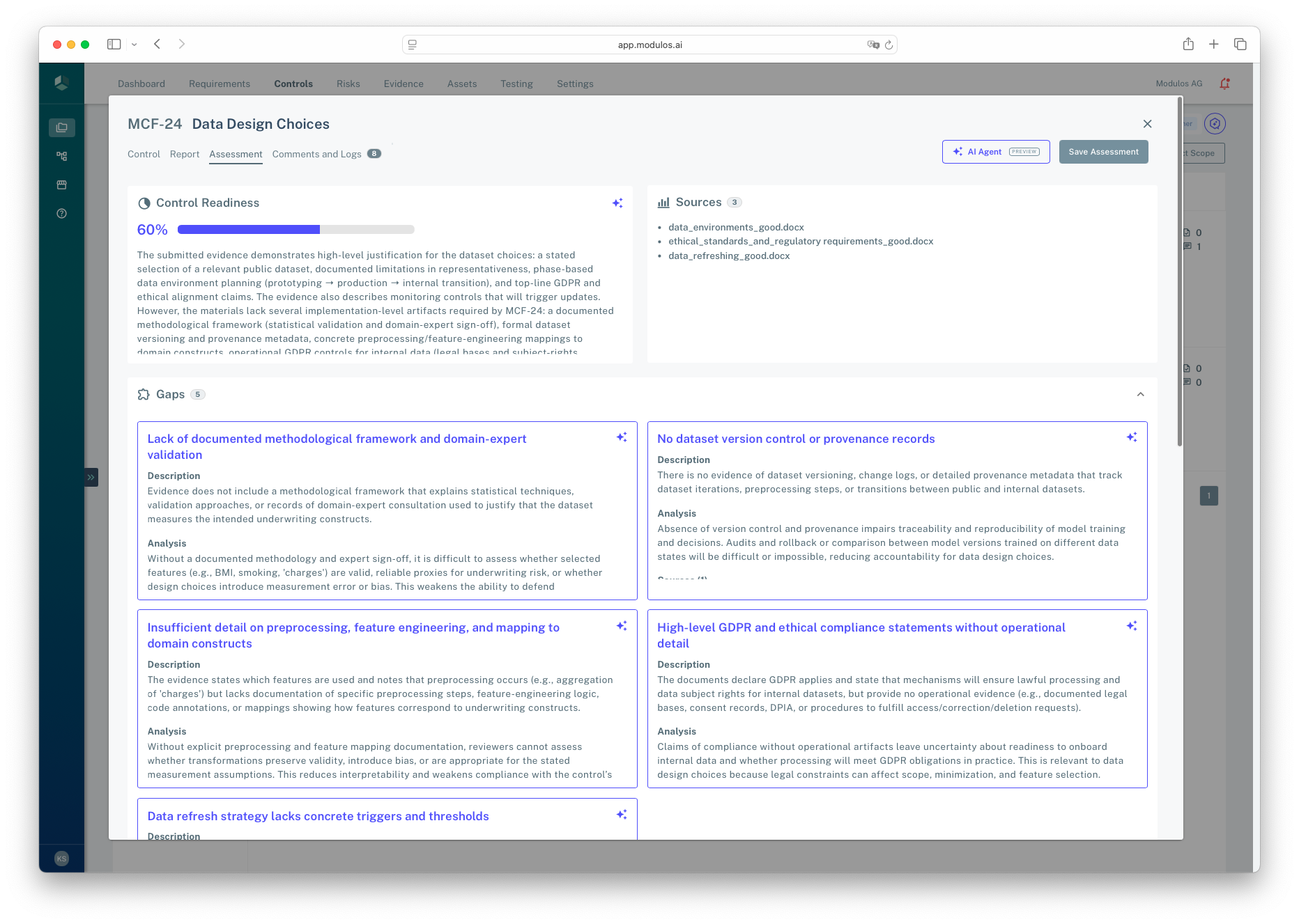 Control Assessment tab showing a readiness score, evidence sources, gaps, and the AI Agent and Save Assessment actions.