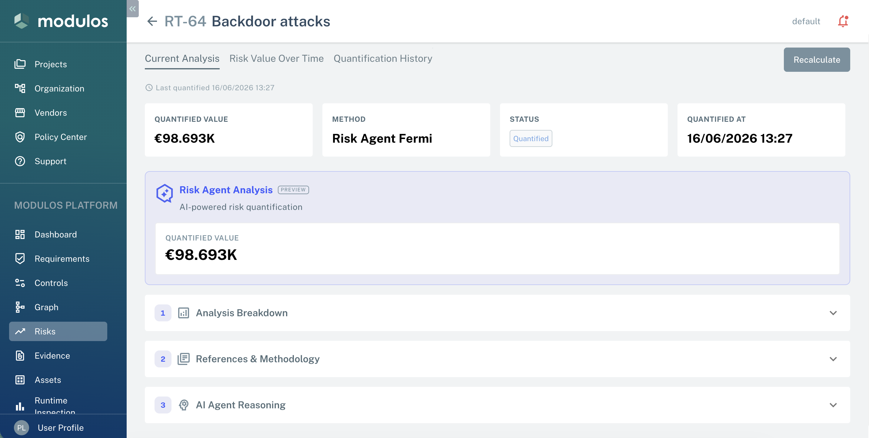 Risk Agent output for threat RT-64 Backdoor attacks — a quantified value of €98.693K via the Risk Agent Fermi method, with the Analysis Breakdown, References & Methodology, and AI Agent Reasoning sections collapsed below.