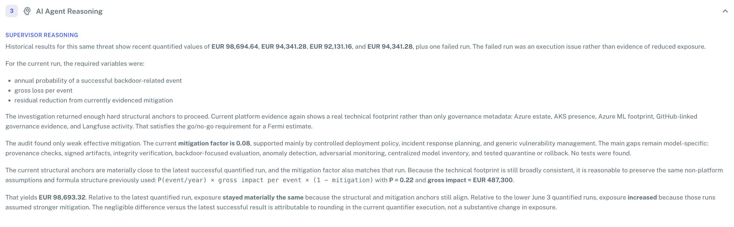 AI Agent Reasoning — Supervisor Reasoning section summarising historical results, the variables required, why the evidence was sufficient, and the assumptions carried forward.