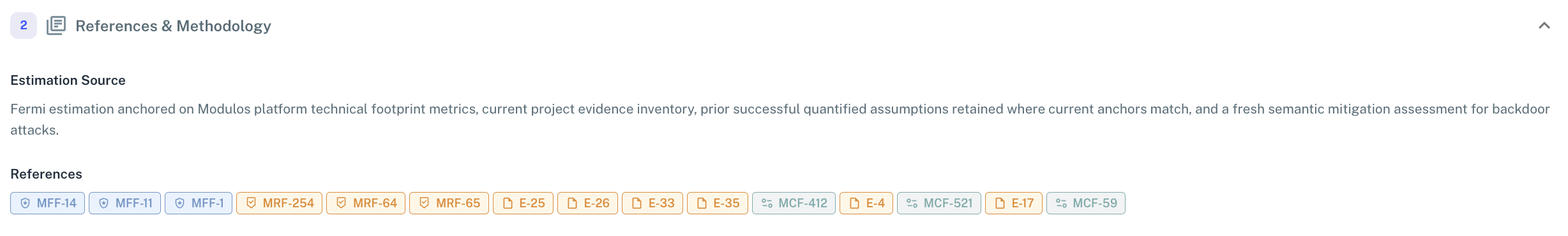 References & Methodology panel showing the estimation source description and a row of reference chips for frameworks, requirements, evidence items, and controls.