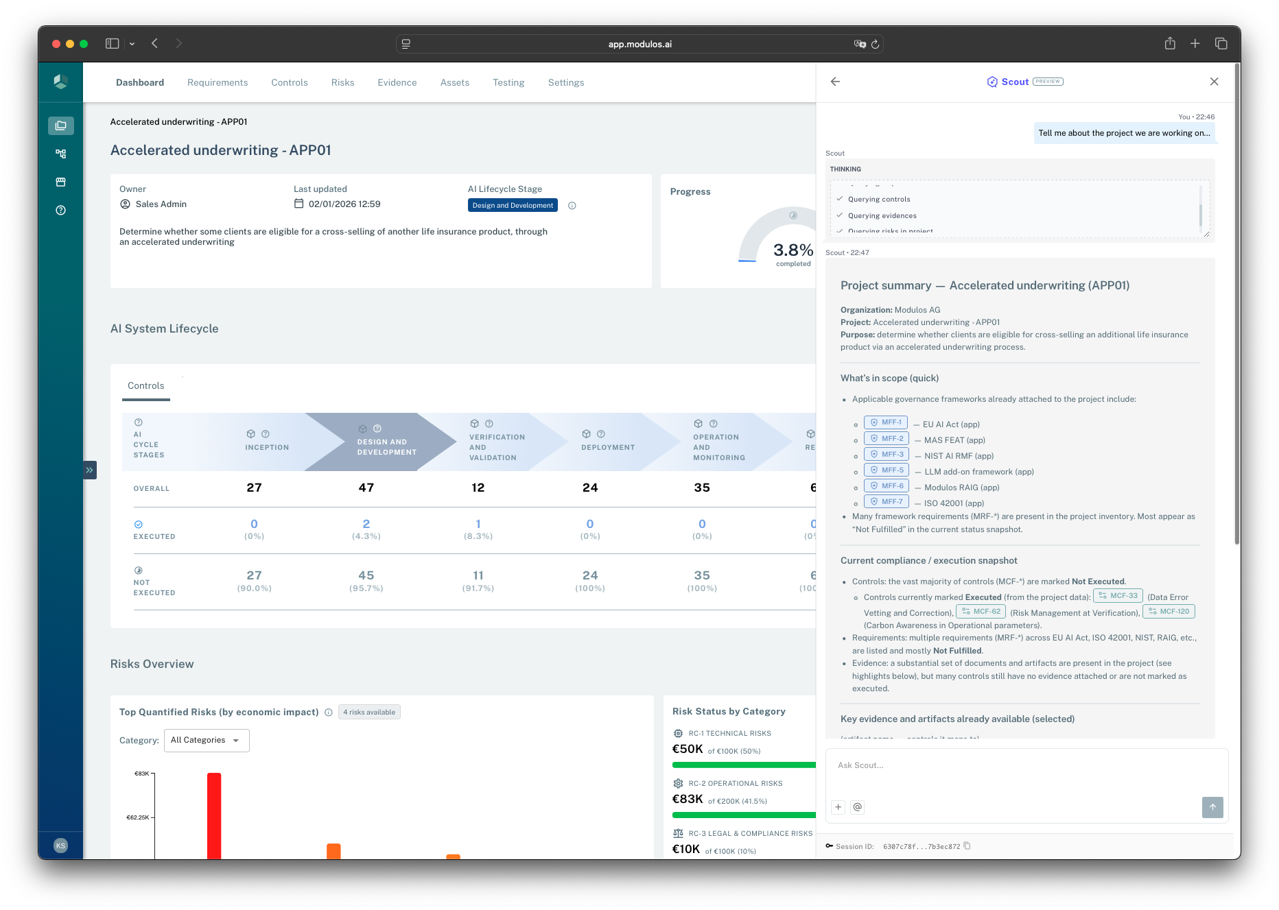 Project dashboard with the Scout assistant drawer open on the right showing a structured project summary and governance snapshot.
