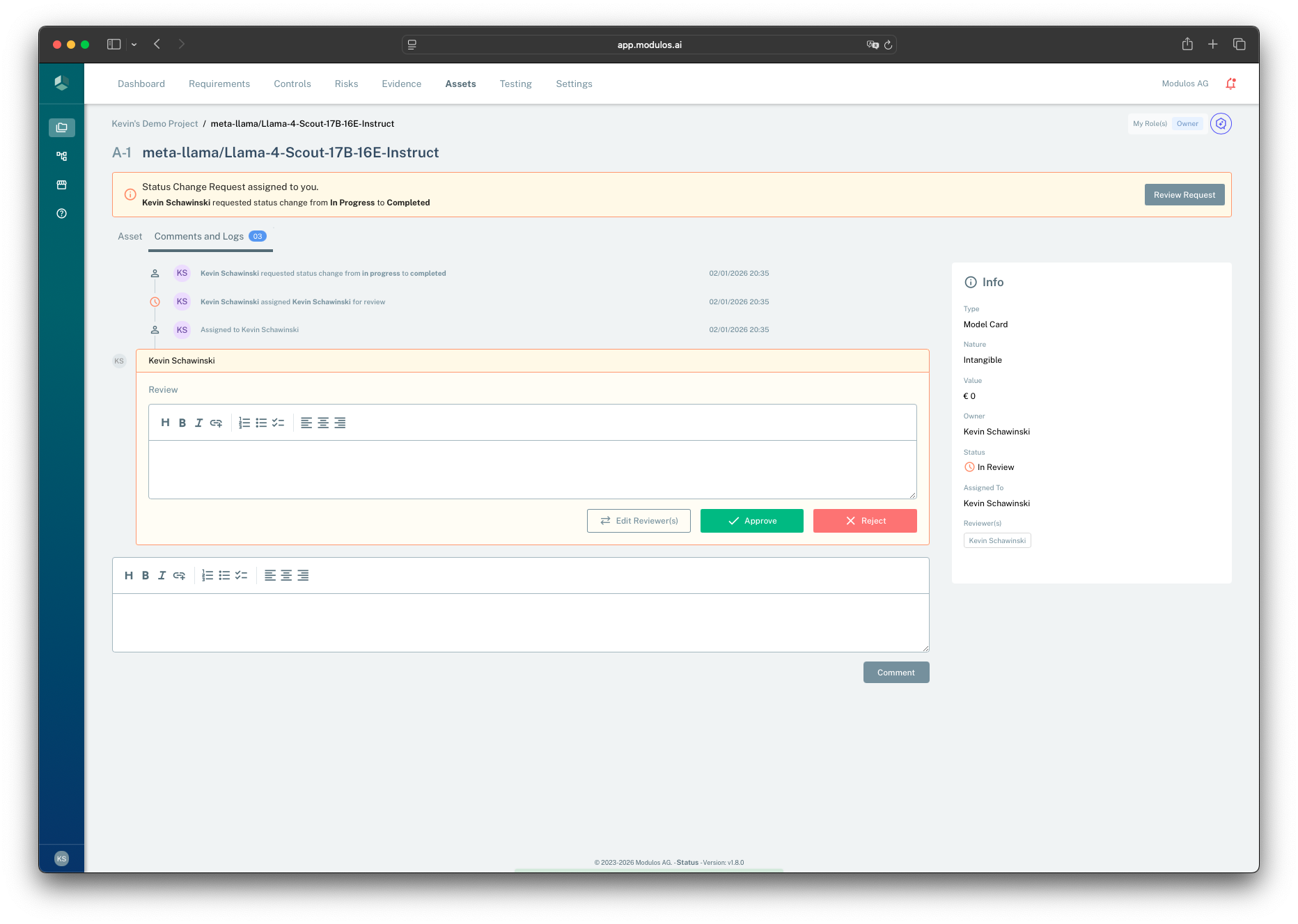 Review request view showing an assigned status change request, review comment box, and approve or reject actions.