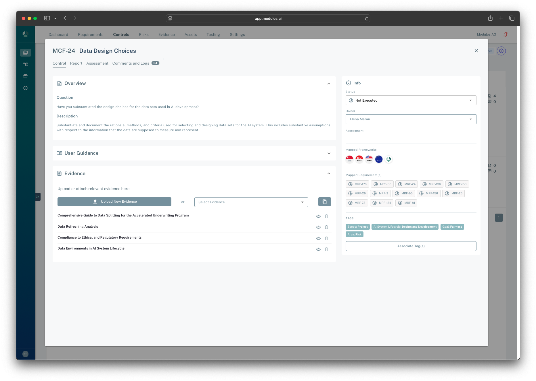 Control detail view showing the control narrative, evidence attachments, and mapped requirements.