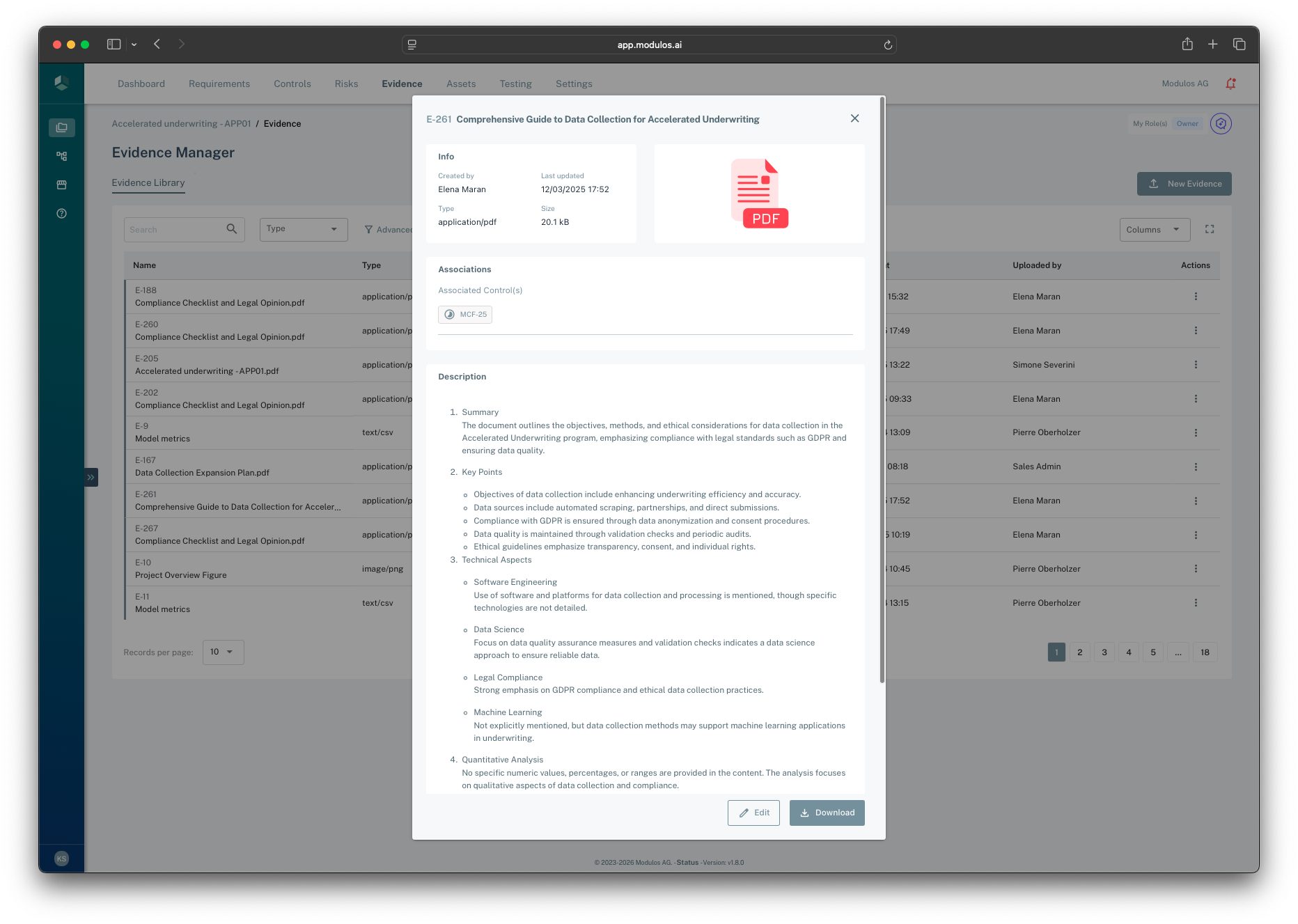 Evidence manager showing the evidence library, filters, and an evidence detail view with associations and download actions.