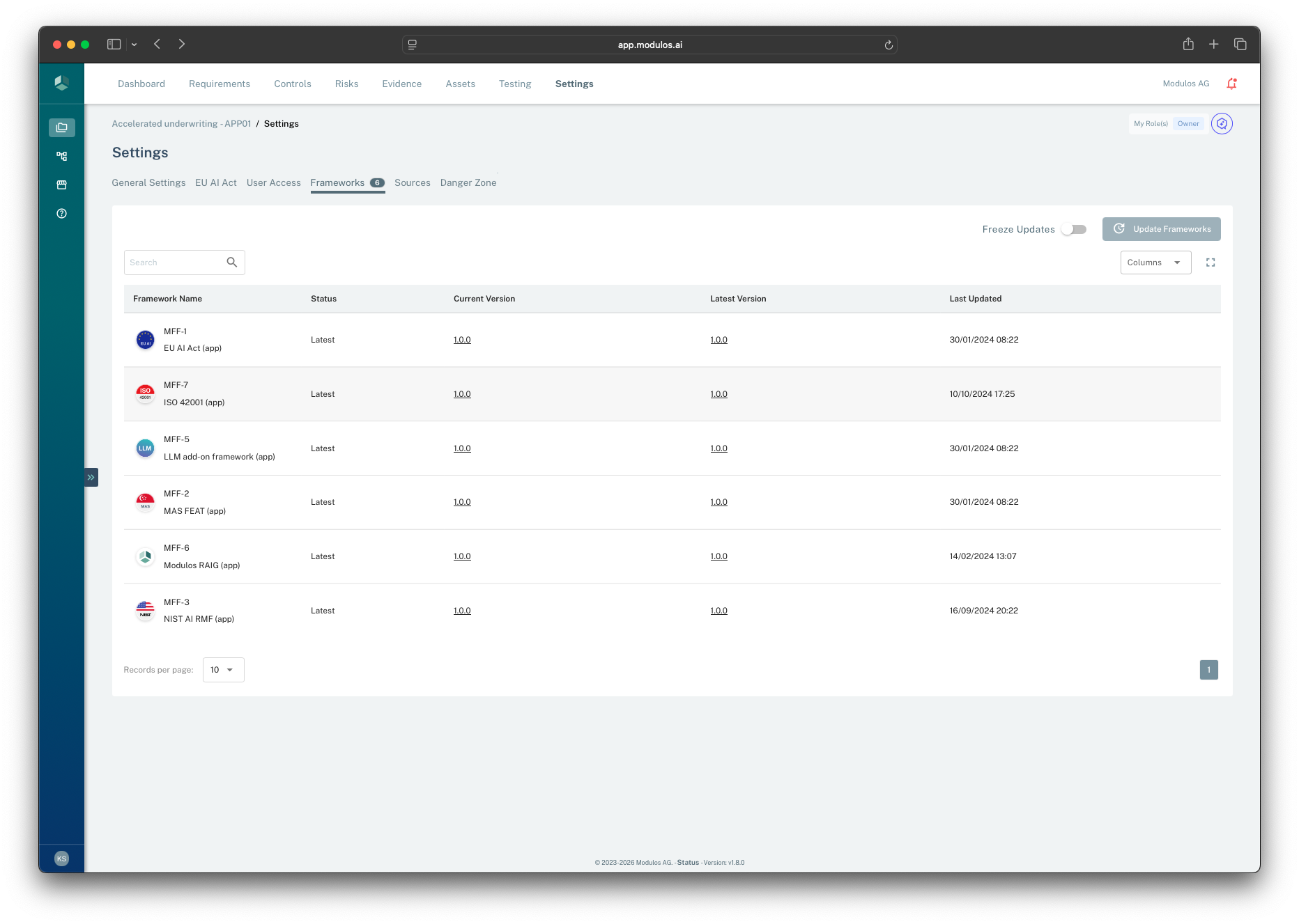 Project settings frameworks table showing applied frameworks with current and latest versions, plus freeze and update controls.
