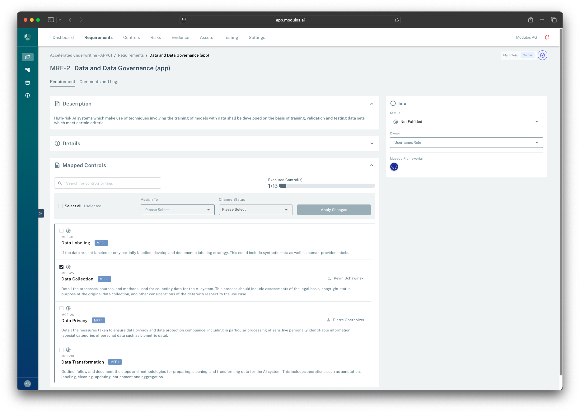 Requirement detail view showing mapped controls, executed progress, and fulfillment status.