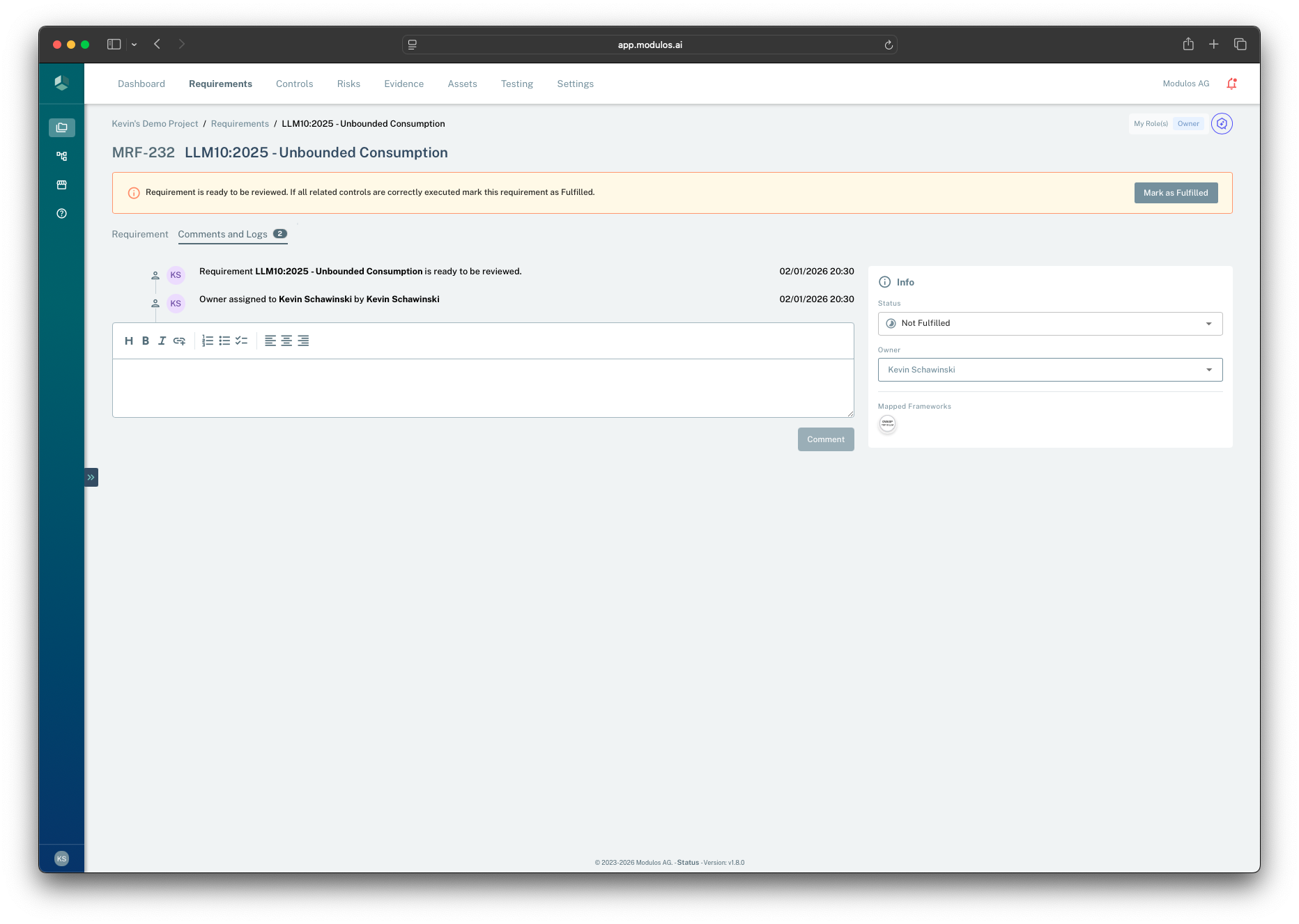 Requirement ready for review banner with a mark as fulfilled action and the comments and logs history.