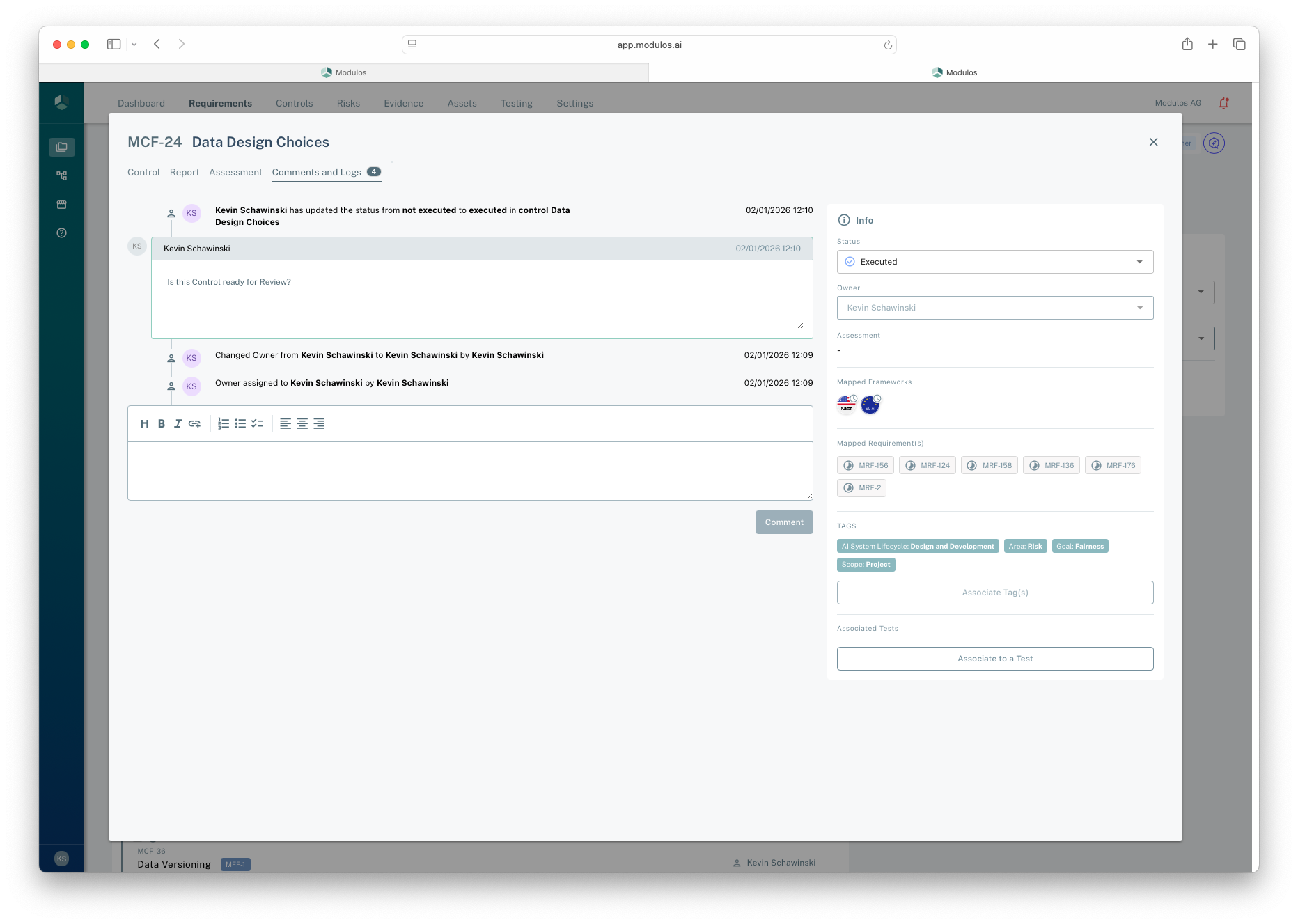 Comments and Logs view on a governance object showing a timeline of changes and a comment editor.