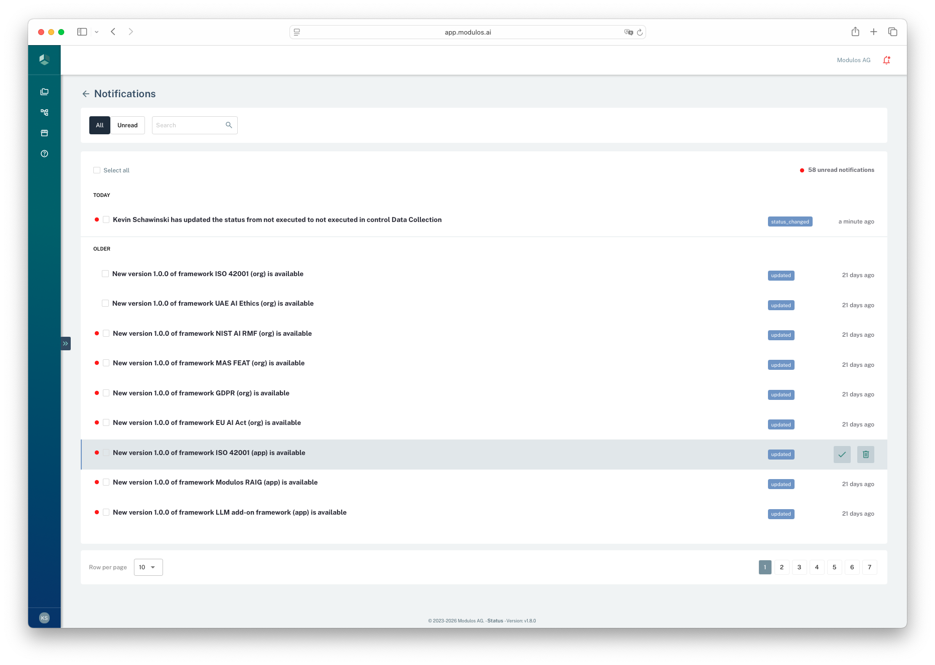 Notifications inbox showing a list of updates and unread indicators.