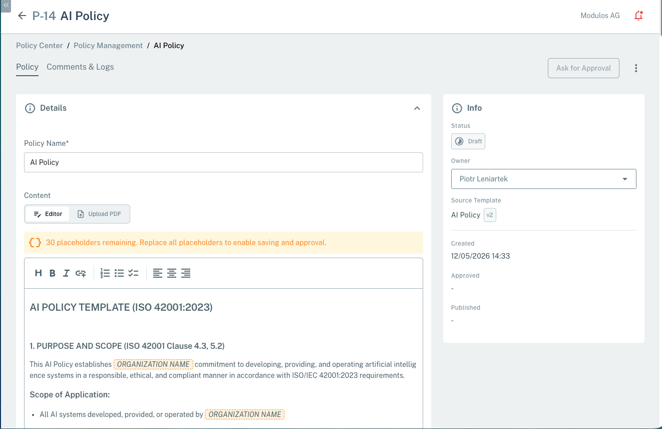 Draft policy created from the AI Policy template, showing the Source Template reference, the placeholder counter banner, and an inline ORGANIZATION NAME placeholder in the editor.