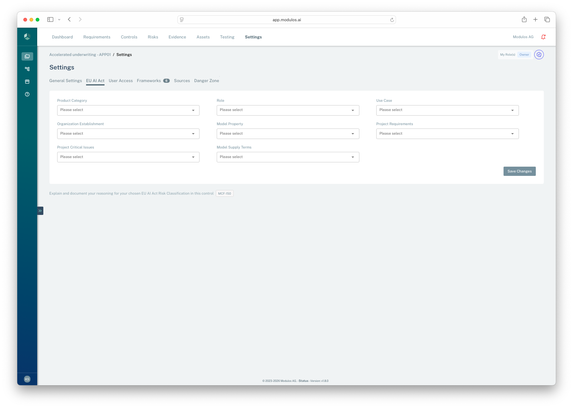 EU AI Act settings tab showing classification fields for an AI system project.