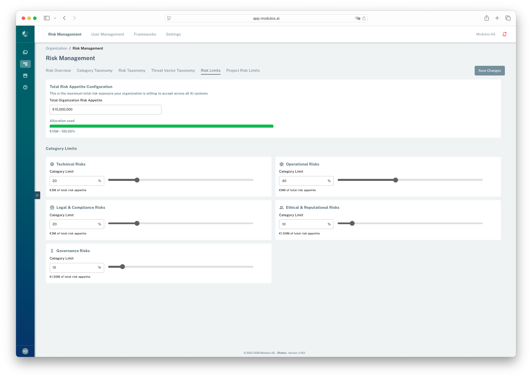 Risk Limits configuration showing total organization appetite and category limit sliders.