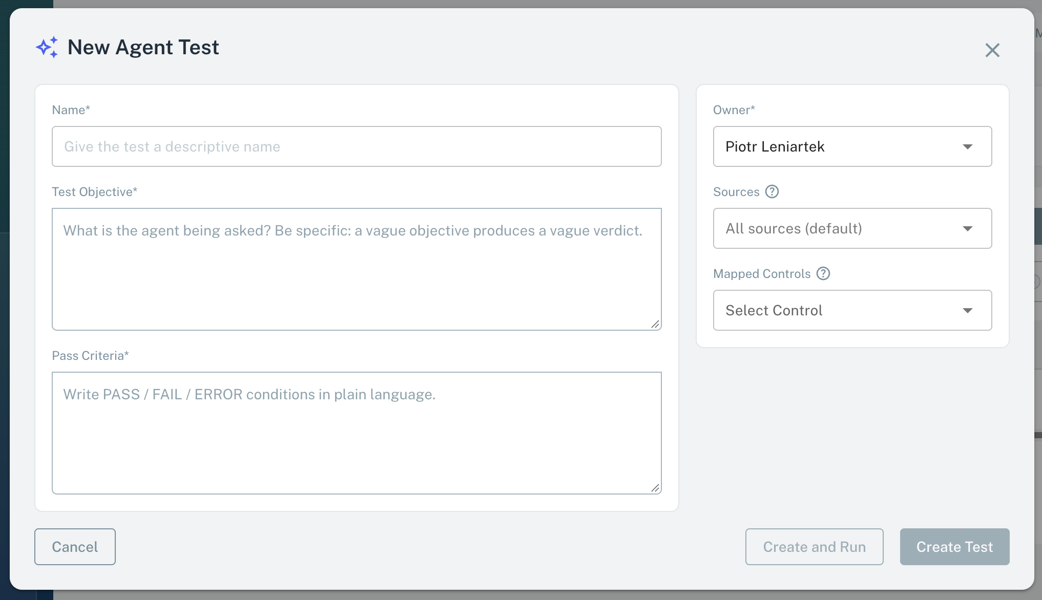 New Agent Test dialog with Name, Test Objective, and Pass Criteria on the left, and Owner, Sources, and Mapped Controls on the right.