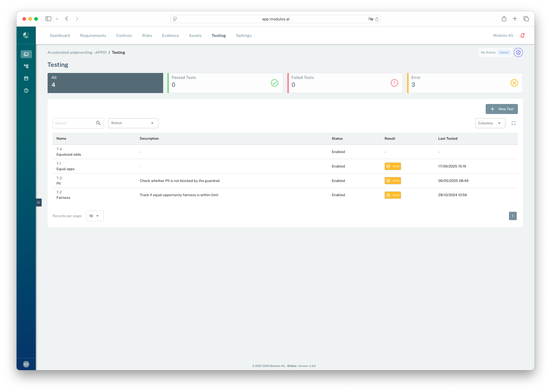Project Runtime Inspection page showing test status tabs, the tests list, and the New Test action.