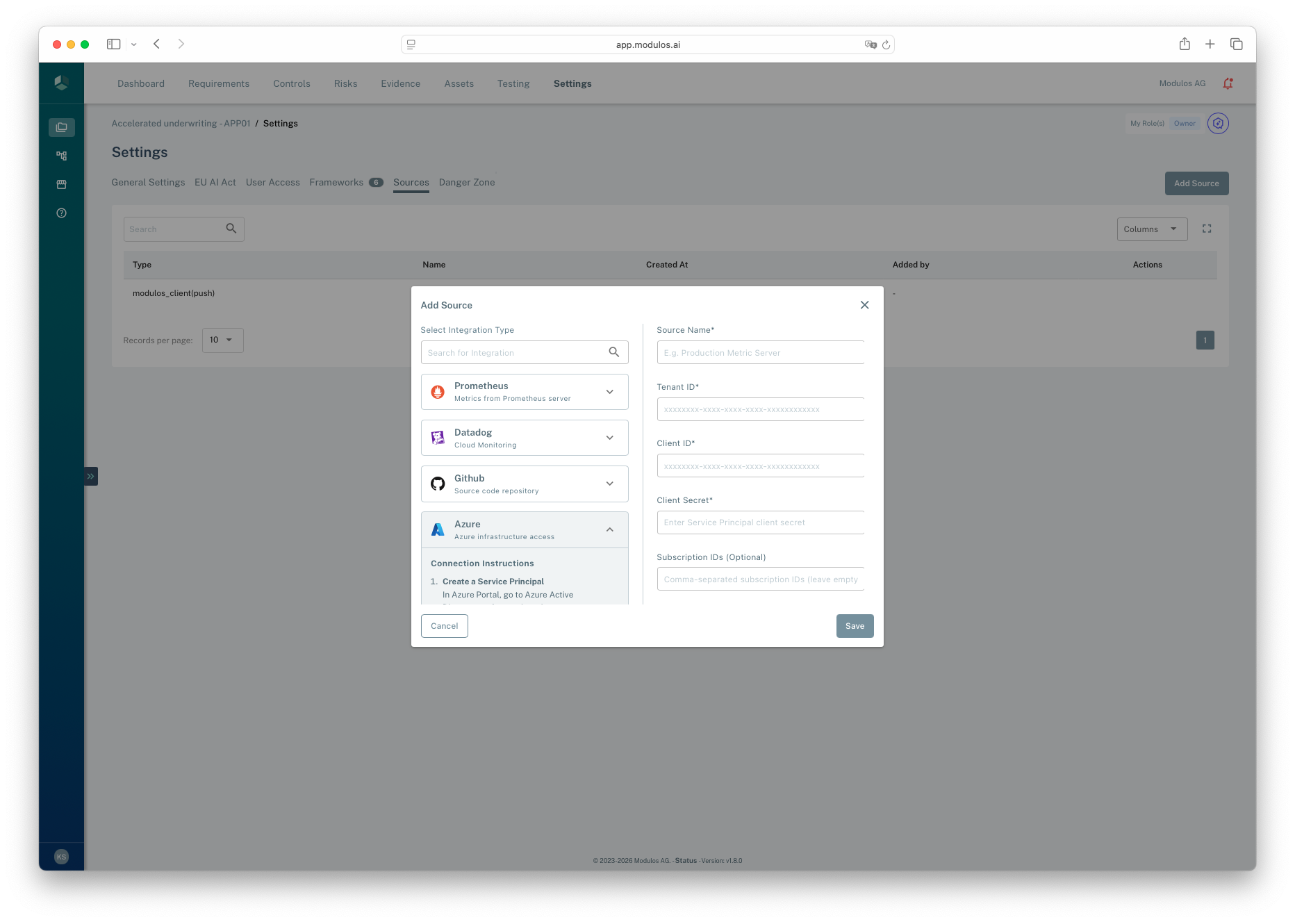 Add Source dialog showing available integration types and configuration fields for the selected type.