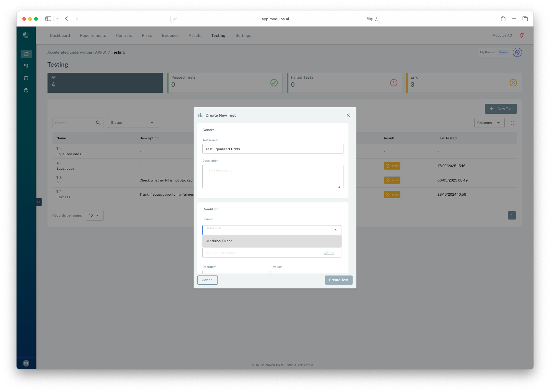 Create New Test dialog showing a Modulos Client source selected for the test condition.