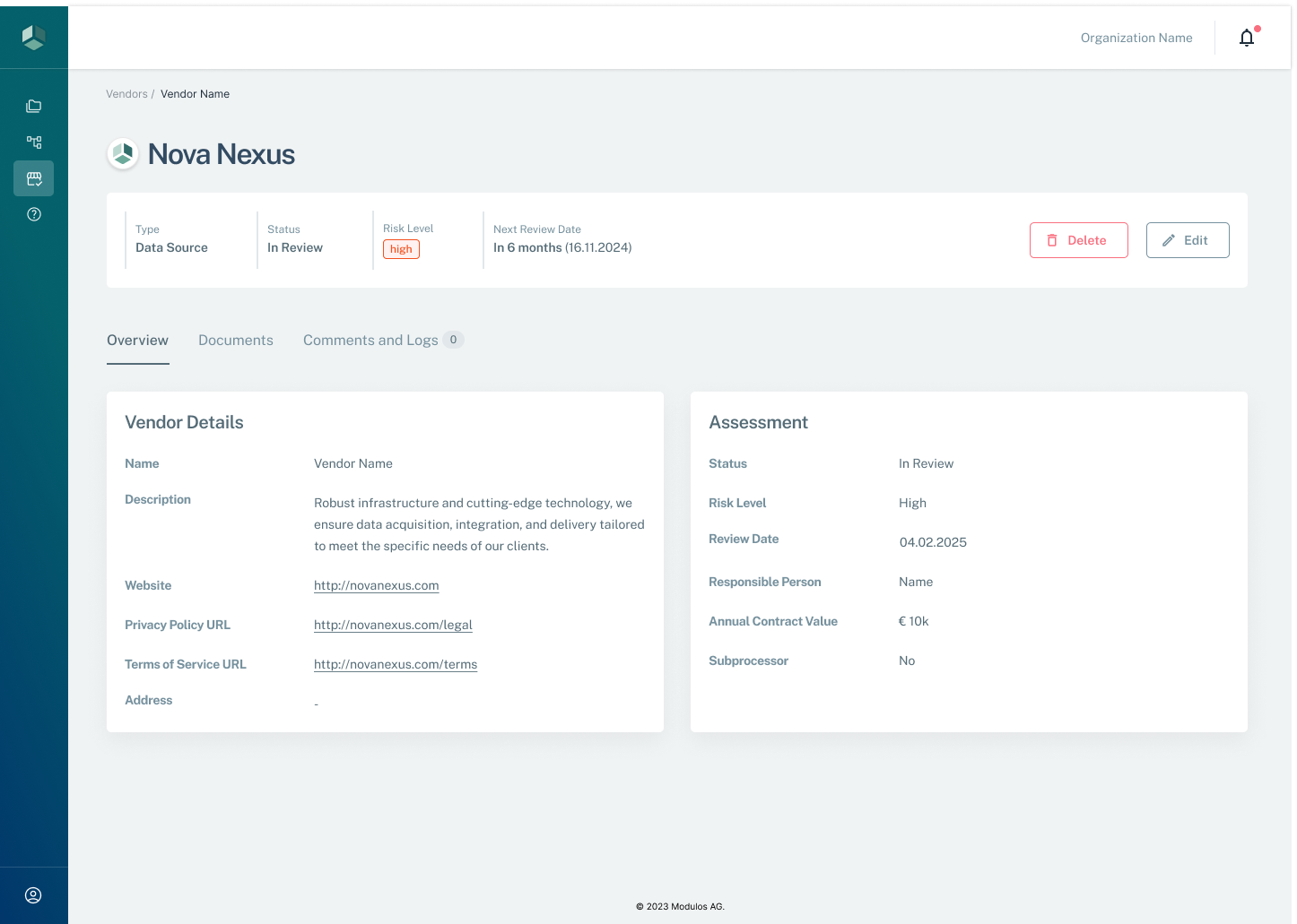 Vendor detail view showing the vendor overview and assessment fields such as status, risk level, review date, and responsible person.